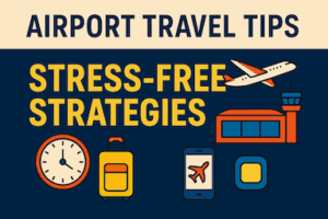 Airport travel tips banner with text Stress-Free Strategies, featuring illustrations of an airplane, control tower, clock, suitcase, and smartphone with a boarding pass icon—perfect for your travel blog or as a helpful travel guide.
