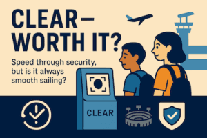 Illustration asking CLEAR—WORTH IT? shows two travelers at an airport, a CLEAR kiosk, an airplane, a clock, stadium, and shield. Honest travel insight: Speed through security with CLEAR—Is it always smooth sailing? It’s How I Travel.