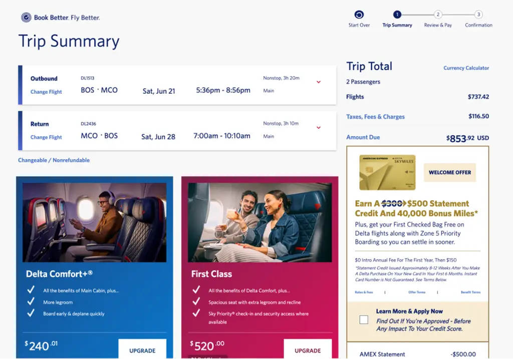 Screenshot of a trip summary for a Delta flight from Boston (BOS) to Orlando (MCO) for two passengers, showing flight details, costs, and upgrade options.