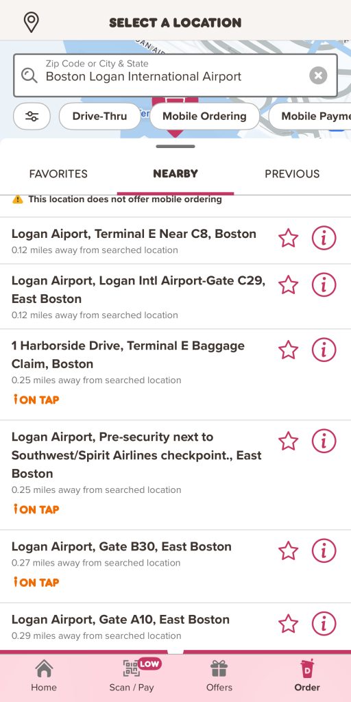 Dunkin App at Boston Logan Internal Airport