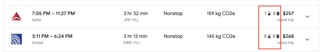 Google Flights search results displaying icons indicating included carry-on and checked baggage allowances for each fare.