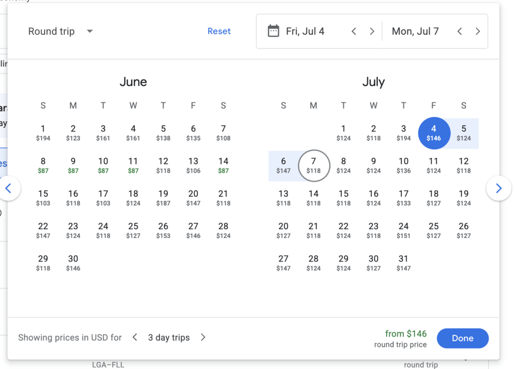Google Flights calendar view highlighting flight prices for various dates, with green indicating the cheapest days to travel.