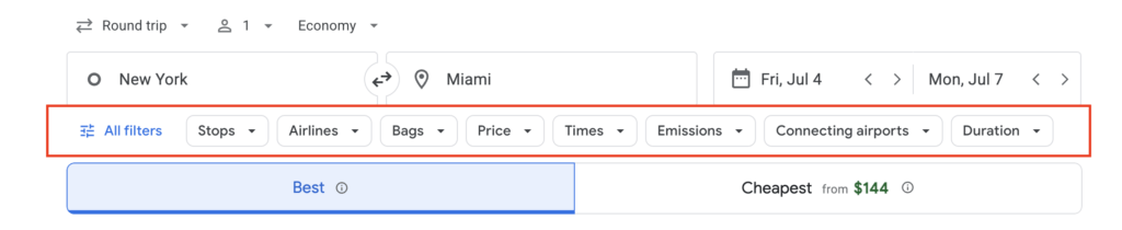 Google Flights filter options allowing users to refine search results by stops, airlines, price, times, and emissions.
