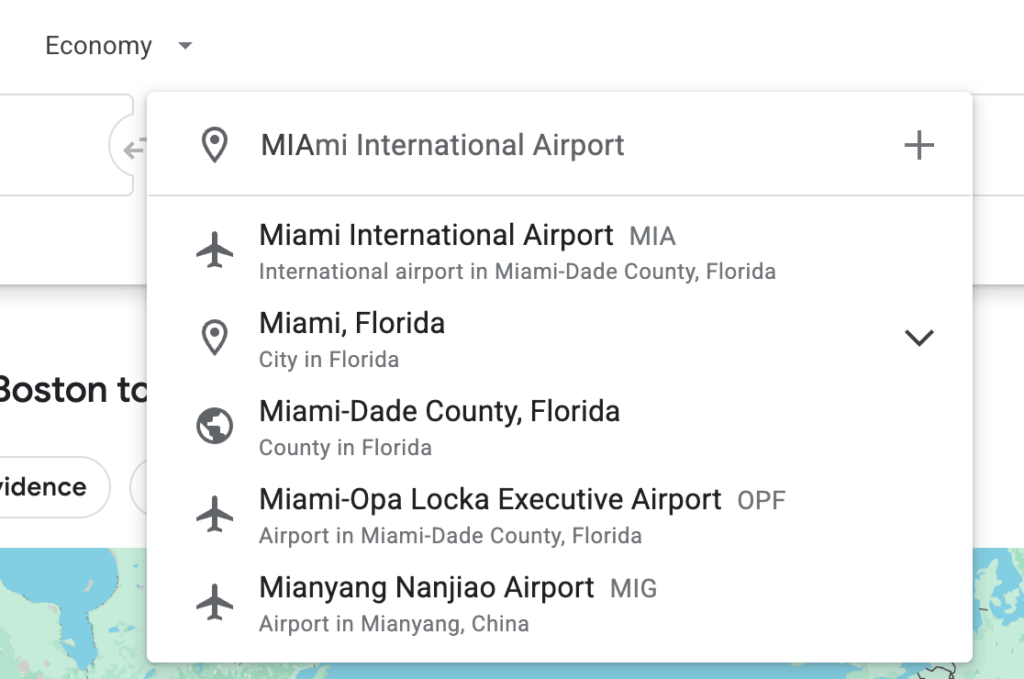 Google Flights destination input displaying Miami and nearby Fort Lauderdale as selectable arrival options when typing "MIA."