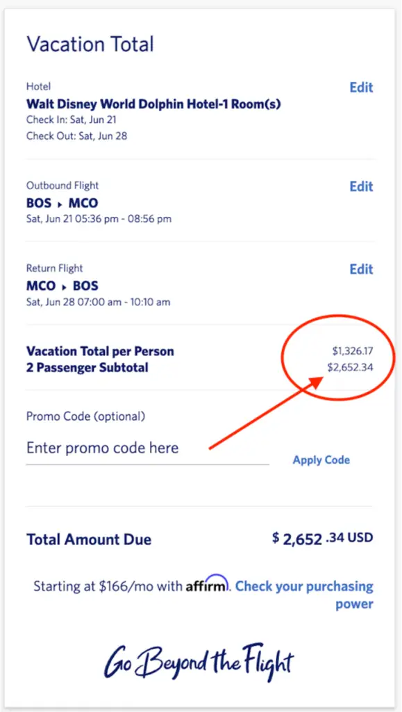 Screenshot of a vacation booking summary detailing hotel and flight information for a trip from Boston to Orlando, with a total amount due of $2,652.34.