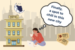 Woman working on laptop with city skyline and hotel backdrop.