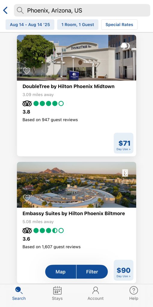 Day use hotels on the Hilton app
