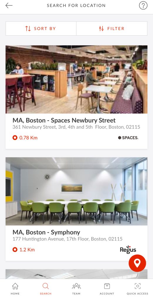 Screenshots searching for a Regus in Boston