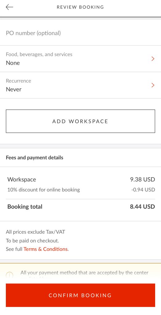 Checkout page of the Regus app