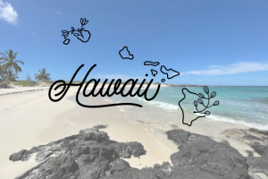 Decorative Hawaii title graphic over a beach scene with black lava rocks, white sand, and turquoise water.