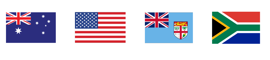 Flags of Australia, the United States, Fiji, and South Africa.