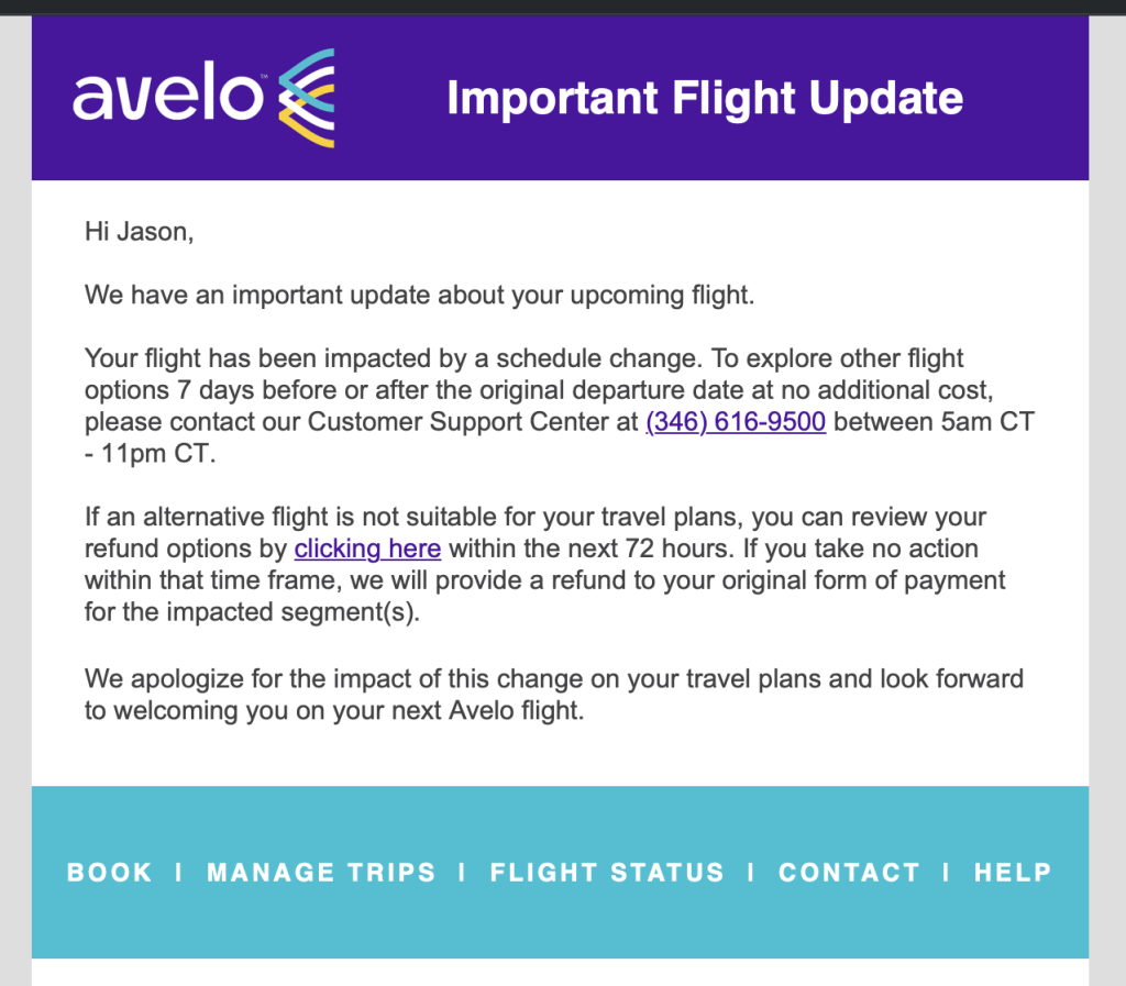 Email from Avelo showing a canceled flight
