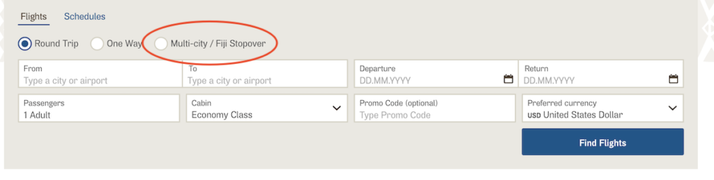 Fiji Airways Screenshot showing stopover option