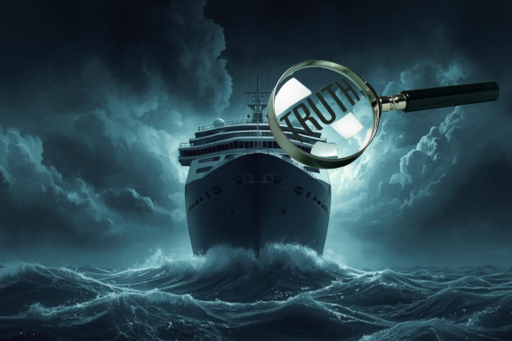 Cruise ship in stormy seas with a magnifying glass revealing the truth, illustrating the dark side of the cruise industry