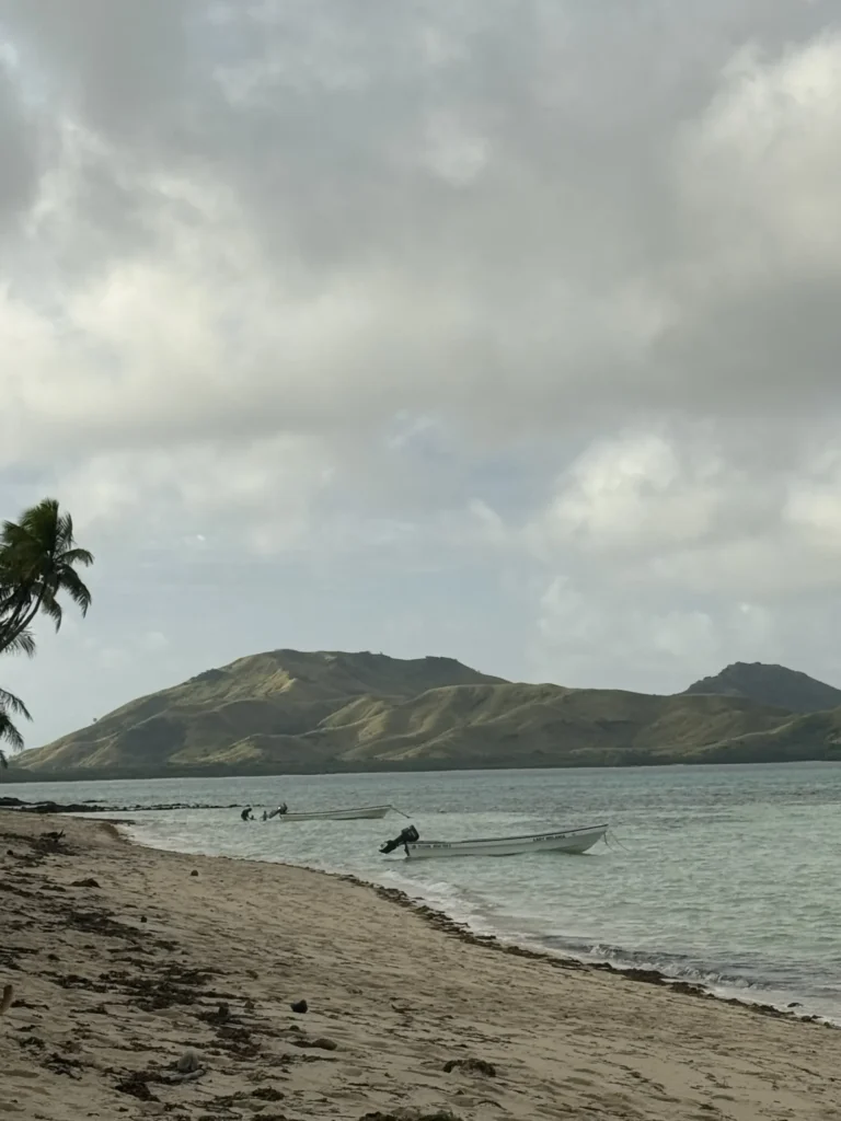 A sandy beach with palm trees on the left, a few small boats in the water, and green hills on an island village in Fiji in the background under a cloudy sky.