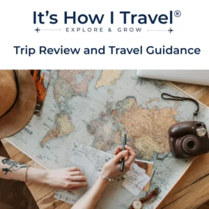 A person plans a trip at a wooden desk with a world map, notebook, pen, camera, and straw hat. Text above: Trip Review and Travel Guidance – Your source for expert travel advice and reviews.