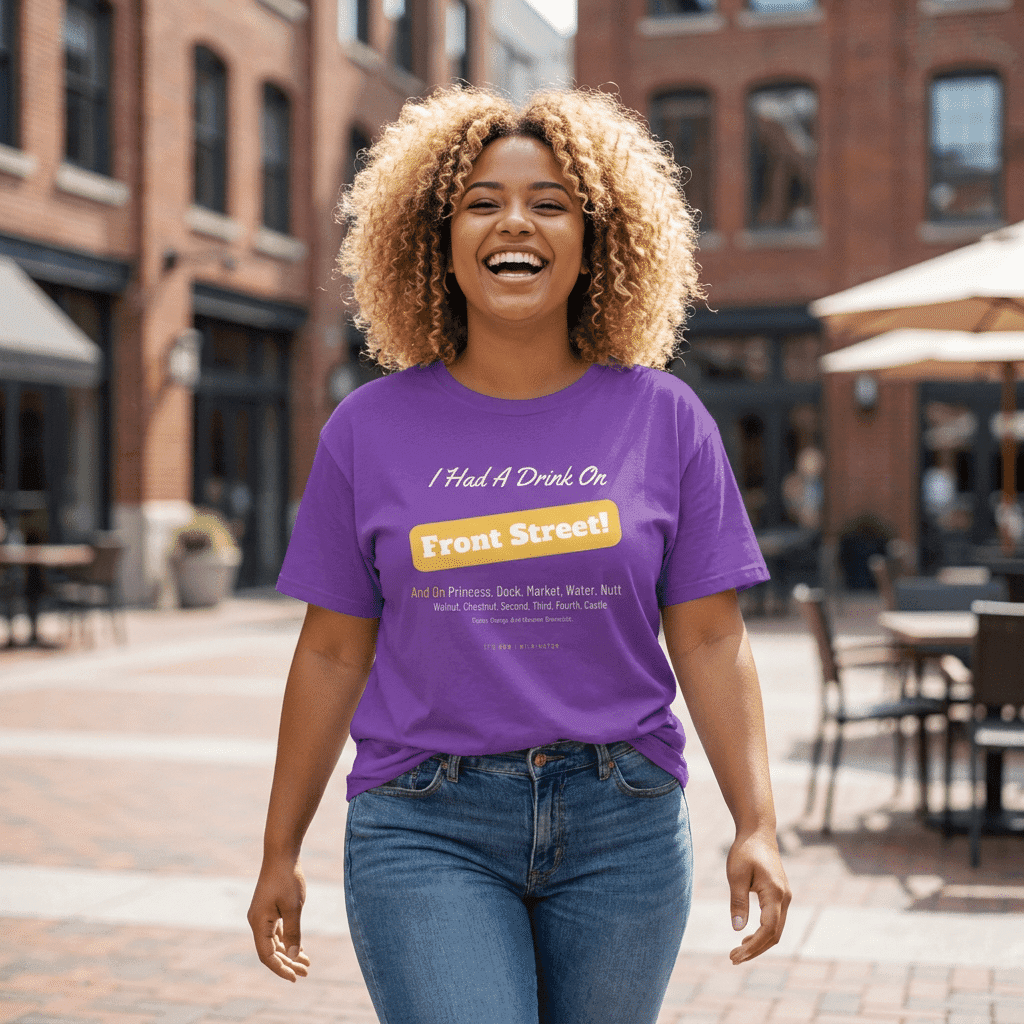 A smiling woman with curly hair walks outdoors wearing the “It Had A Drink” purple T-shirt, featuring the playful phrase “I Had A Drink On Front Street!” along with additional text below. The vibrant shirt perfectly complements the lively, brick-paved urban setting with outdoor seating and buildings in the background.
