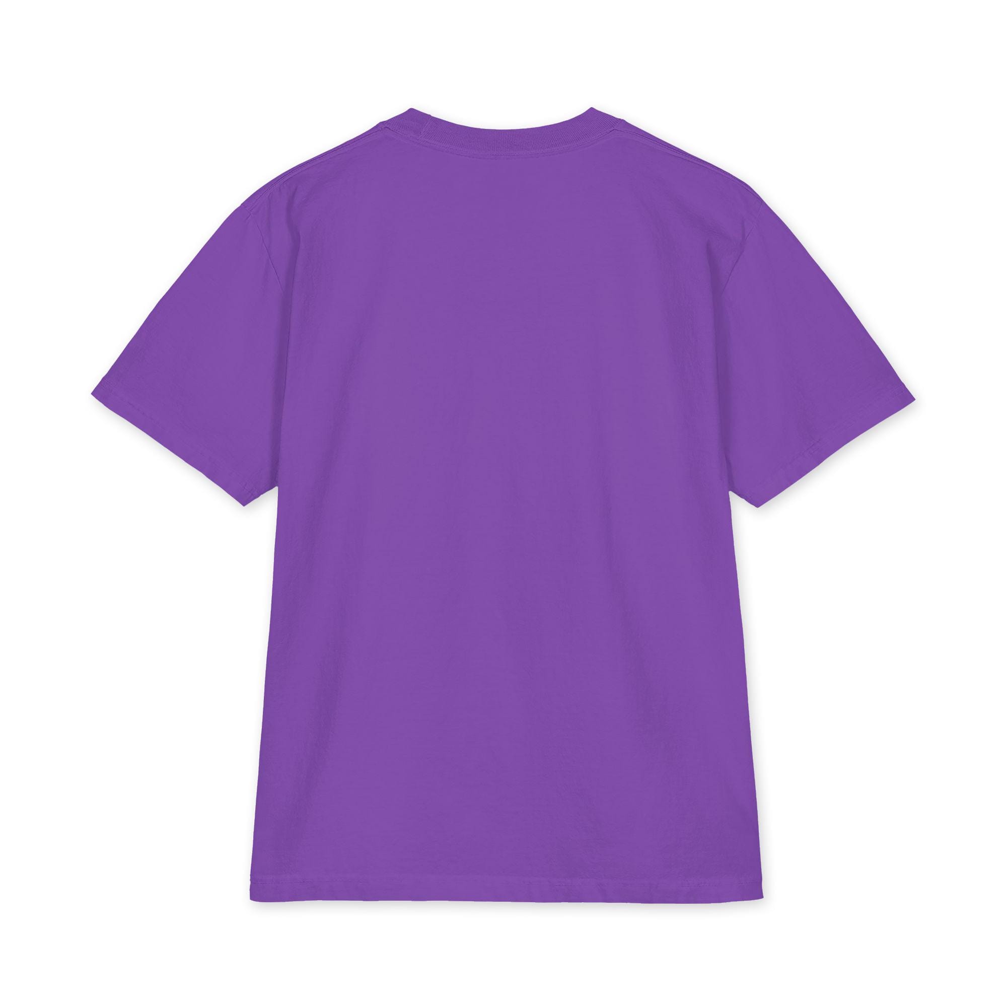 A Unisex max heavyweight short sleeve T-shirt in plain purple is displayed laid flat, showing the back side against a white background.
