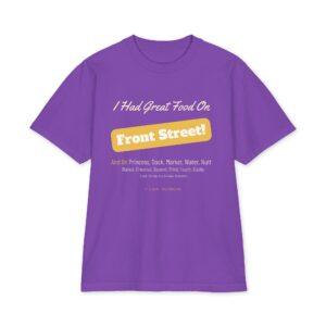 Unisex max heavyweight short sleeve t-shirt in purple, featuring white and yellow text that reads “I Had Great Food On Front Street!” on the front and lists several other Wilmington street names below; designed for a unisex fit.