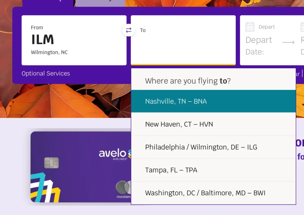 A flight booking search interface with a dropdown menu highlighting Nashville, TN – BNA as a destination, alongside an Avelo Airlines credit card.