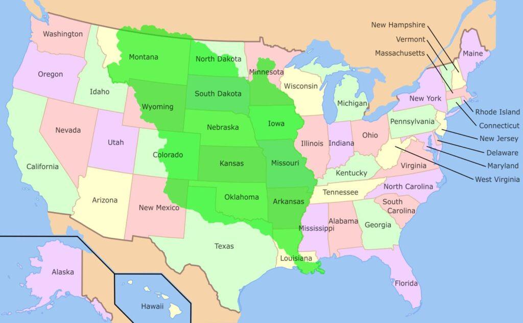Map of the United States with states color-coded in green, pink, and tan to highlight different regions, including those often traveled to for Bourbon Street and New Orleans food.